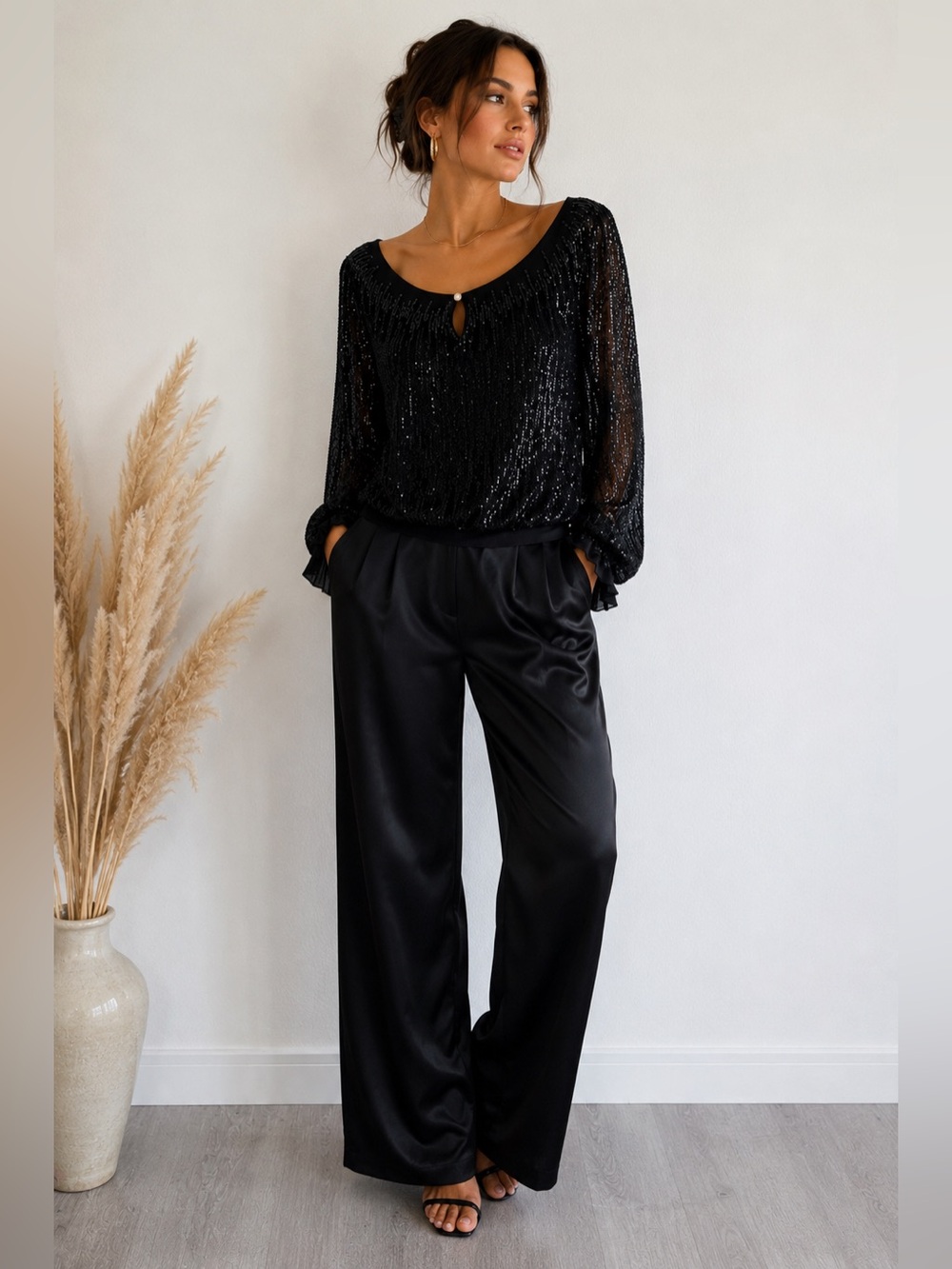Vintage BASIX II 100% Silk Black Sequin Beaded Evening Blouse Top Women’s S 14